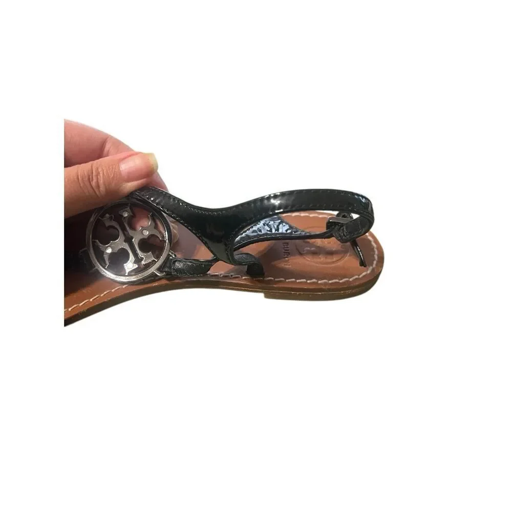 Tory Burch Violet Sandal Shoe sz 9.5 T-Strap Black Leather Rhinestone